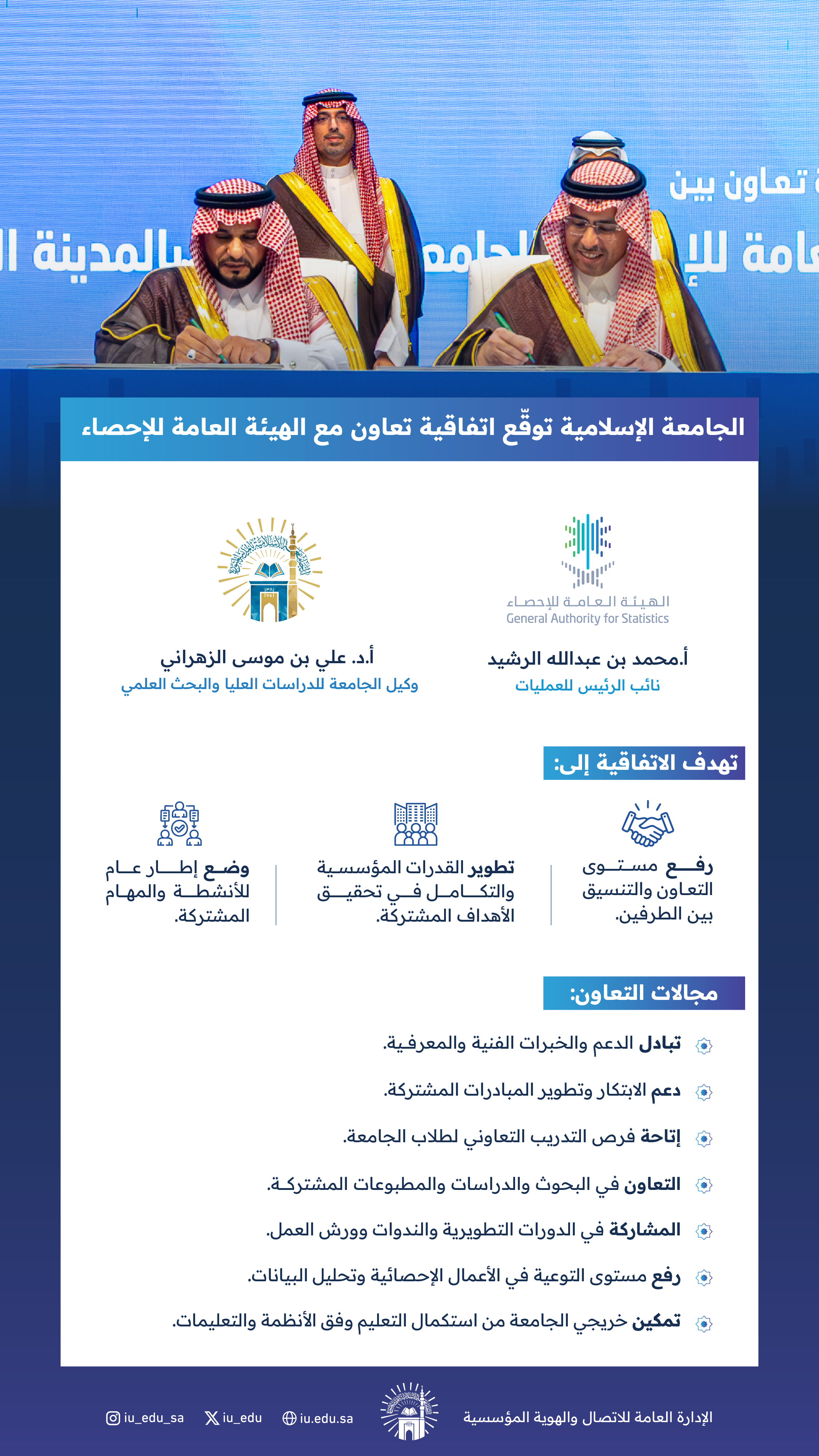 في اليوم العالمي للإحصاء 2025 .. الجامعة الإسلامية توقّع اتفاقية تعاون مع الهيئة العامة للإحصاء في الملتقى الإحصائي الثاني للجامعات والجمعيات الإحصائية بجامعة جدة.